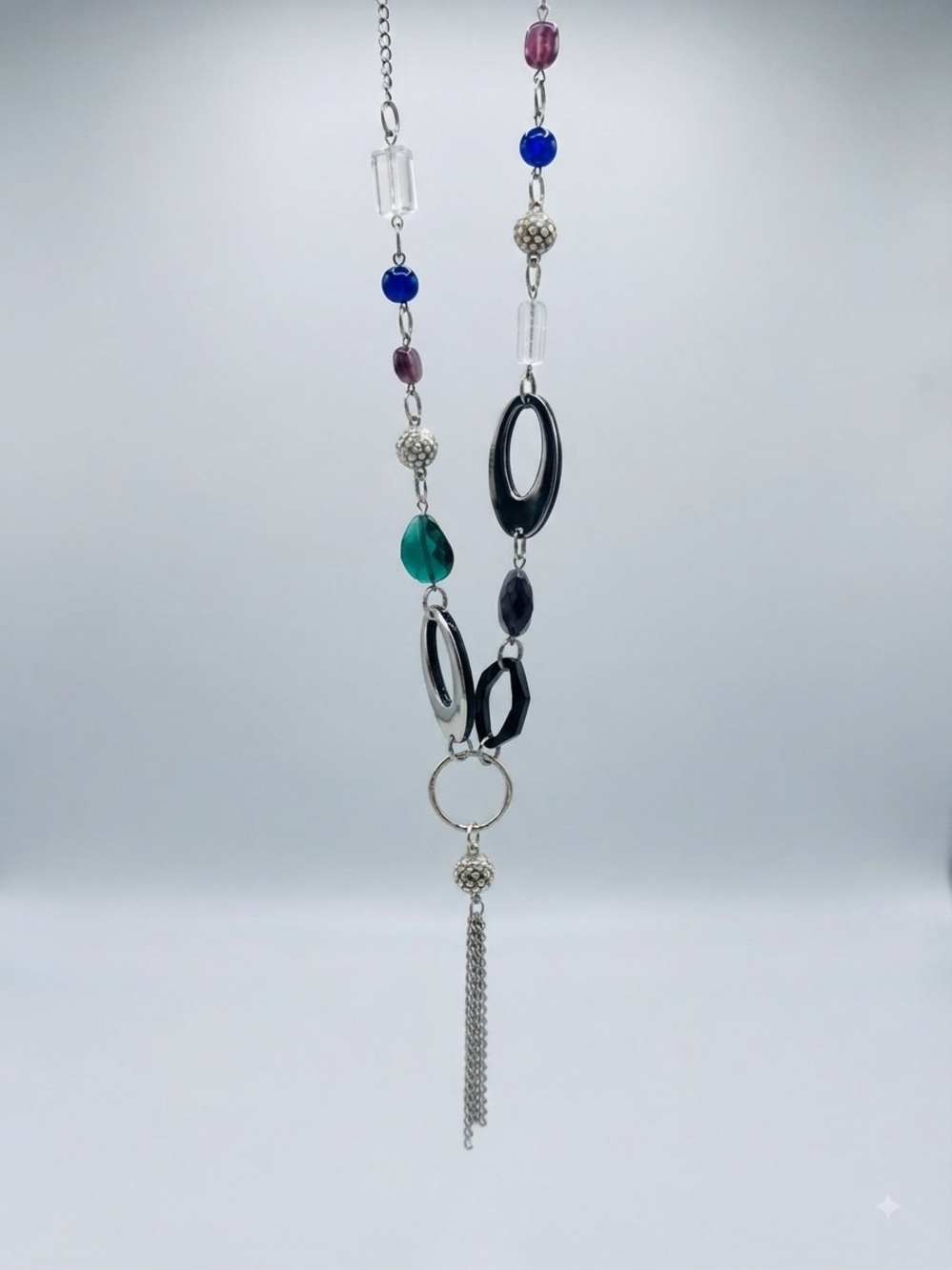 VINTAGE Chunky Silver Multi-Color Bead & Tassel Necklace, green, blue, purple
